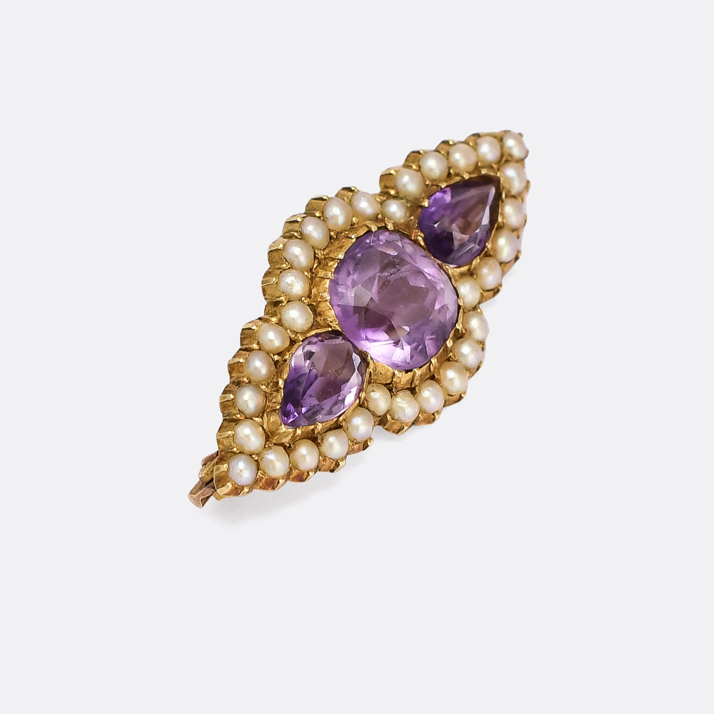 Georgian Amethyst Paste & Pearl Trilogy Brooch