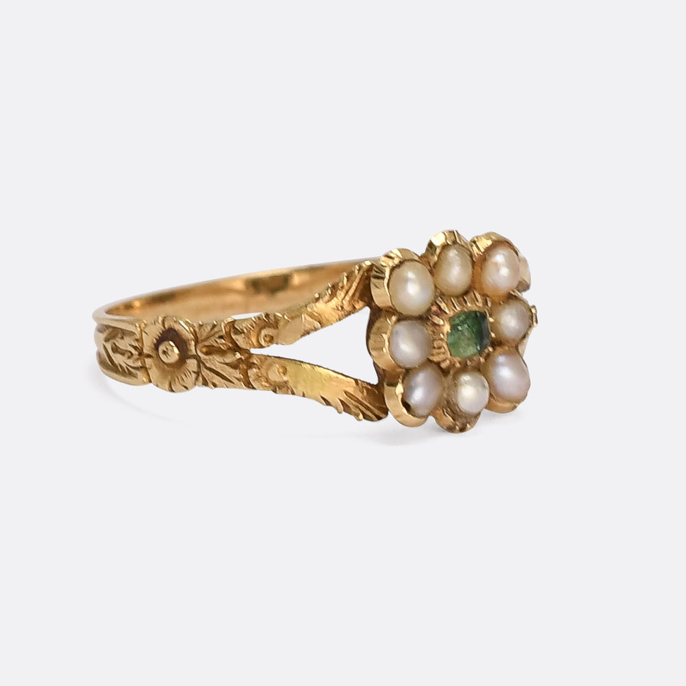 Georgian Emerald & Pearl Cushion Cluster Ring