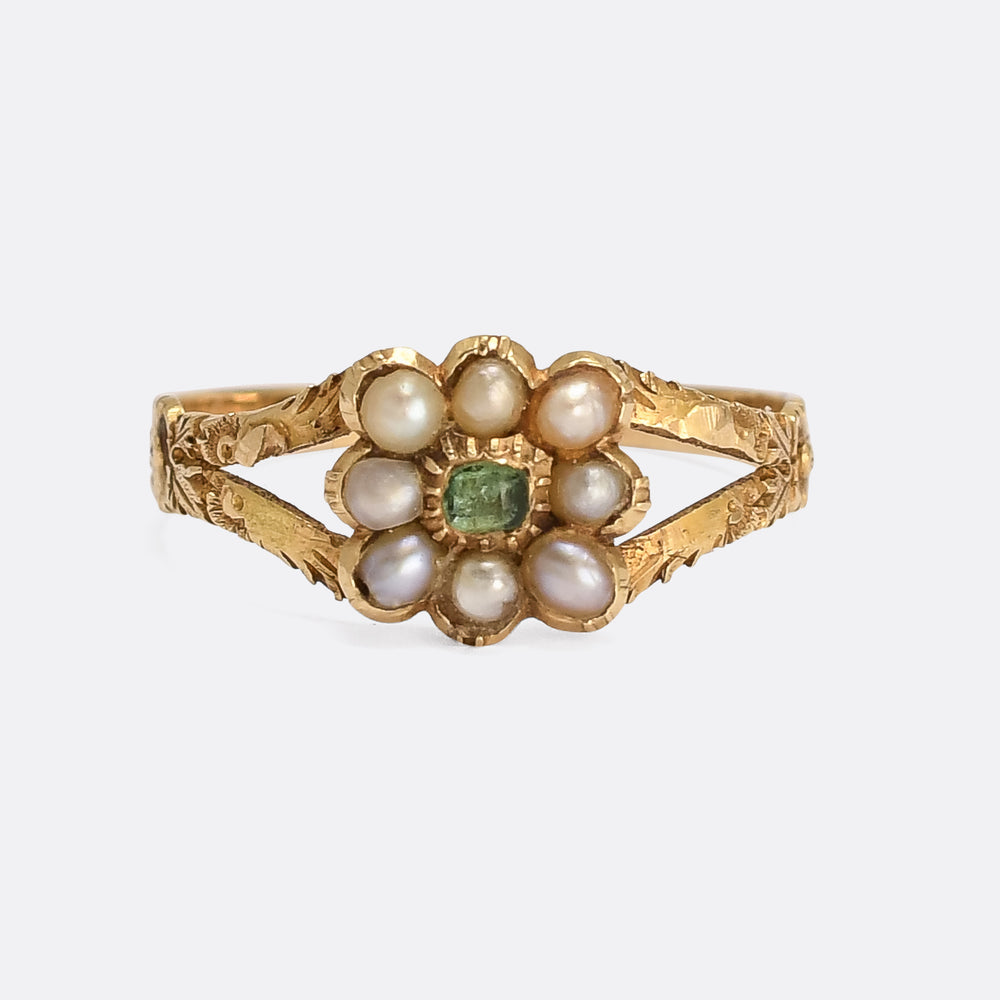 Georgian Emerald & Pearl Cushion Cluster Ring