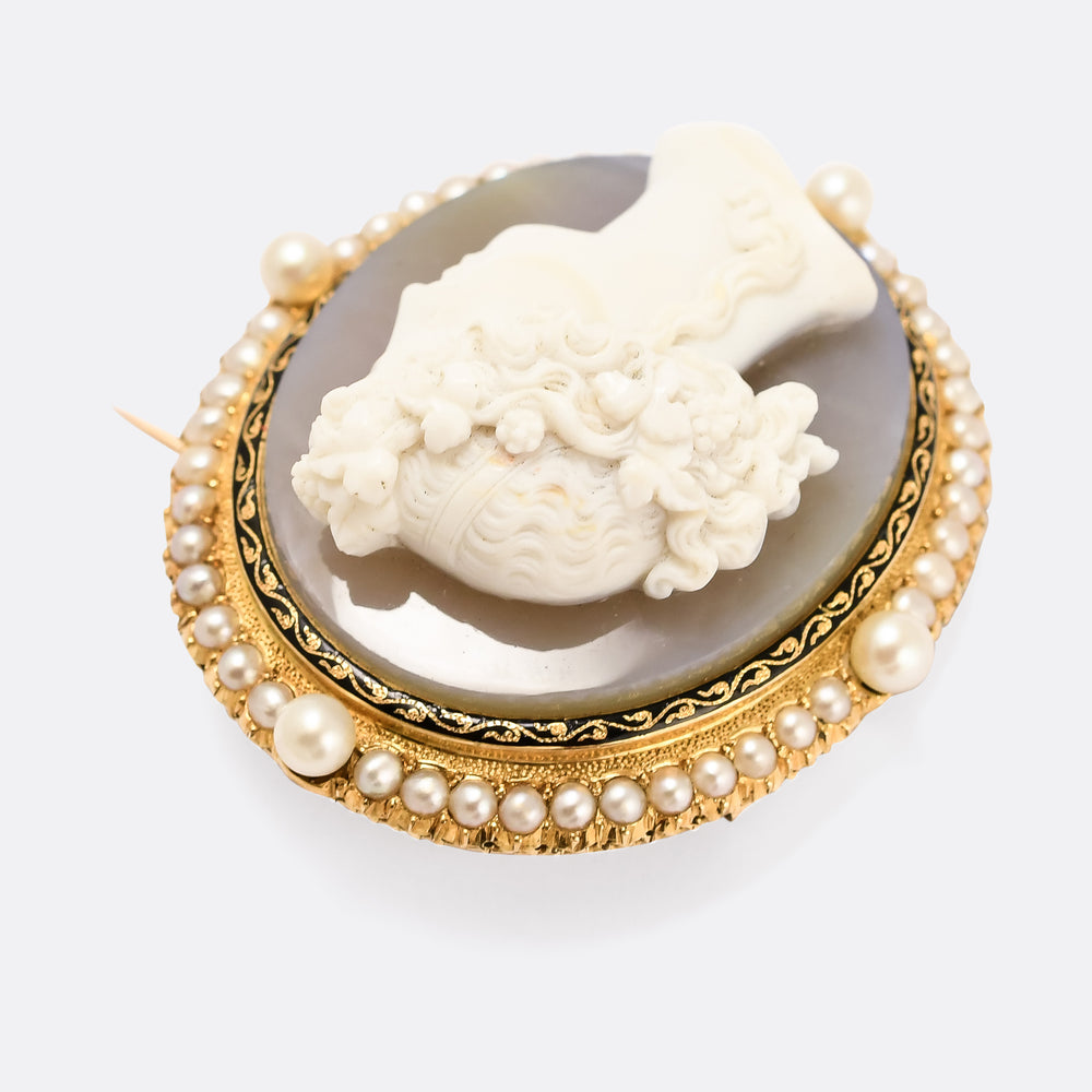 Georgian Pearl & Enamel Bacchante Cameo Brooch