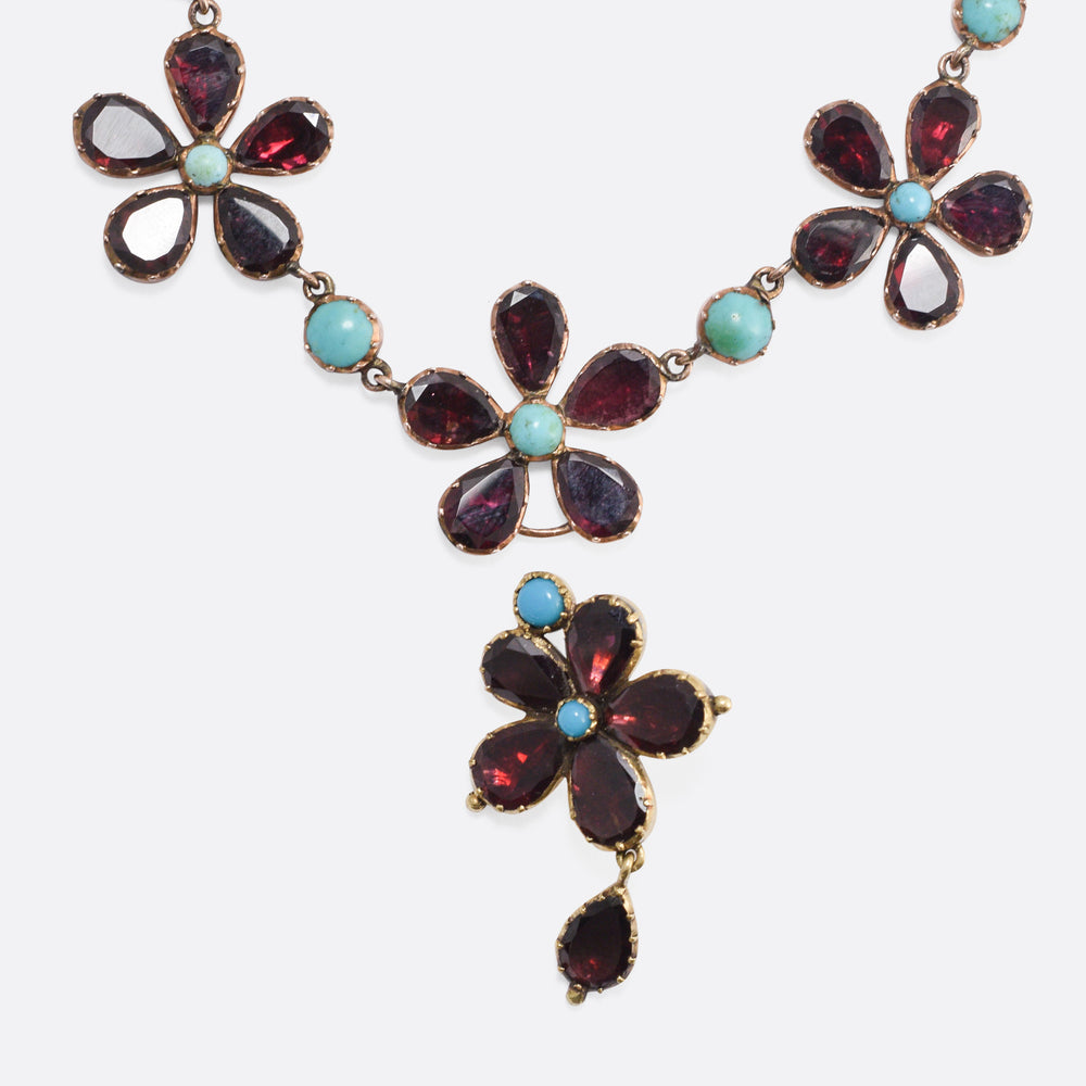 Georgian Garnet & Turquoise Flower Rivière Necklace