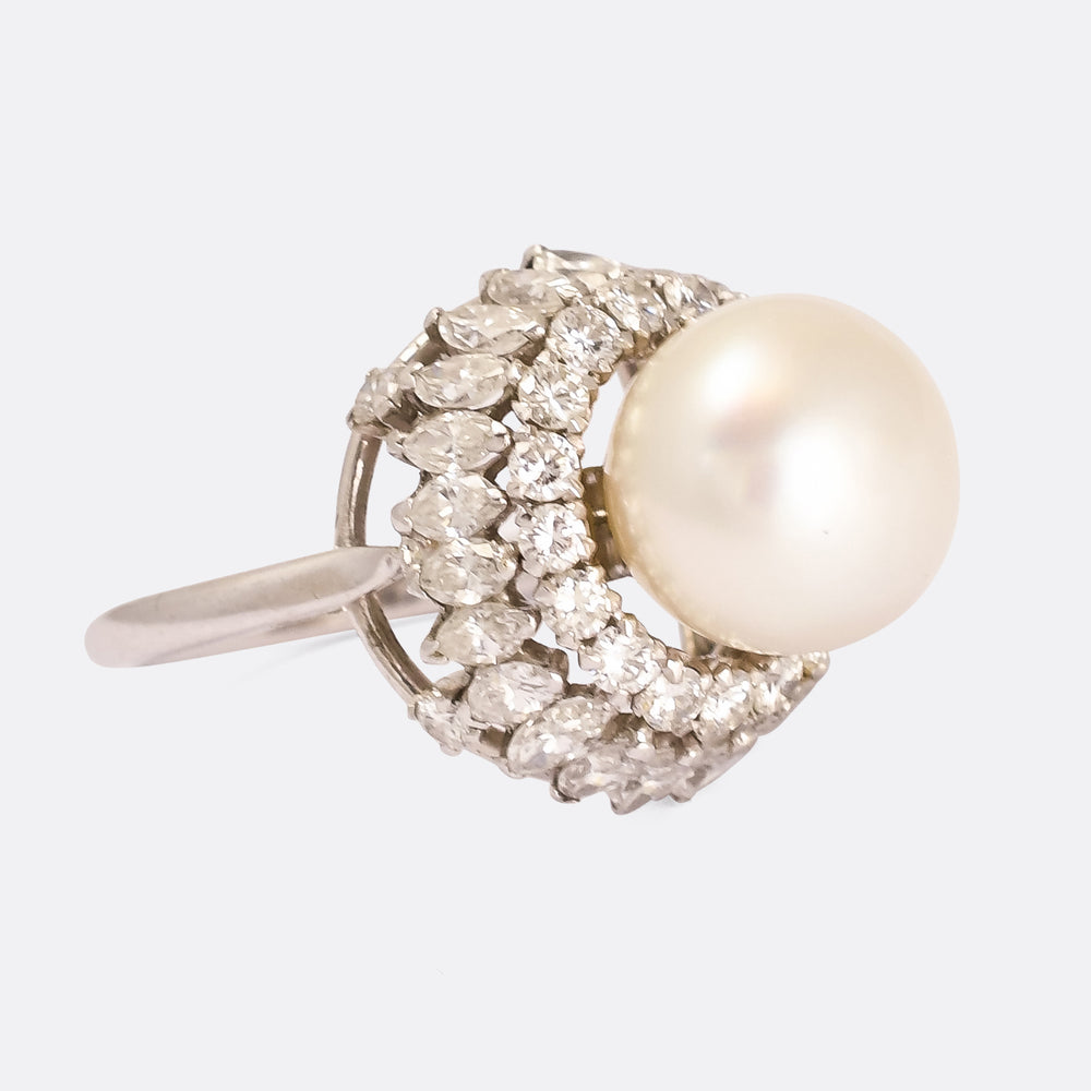 Mid-Century Pearl & Diamond Cocktail Ring