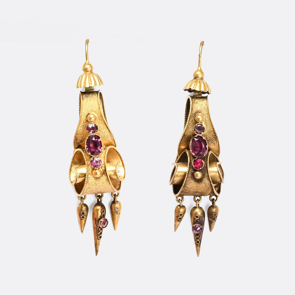 Mid Victorian Almandine Garnet Gold Scroll Earrings