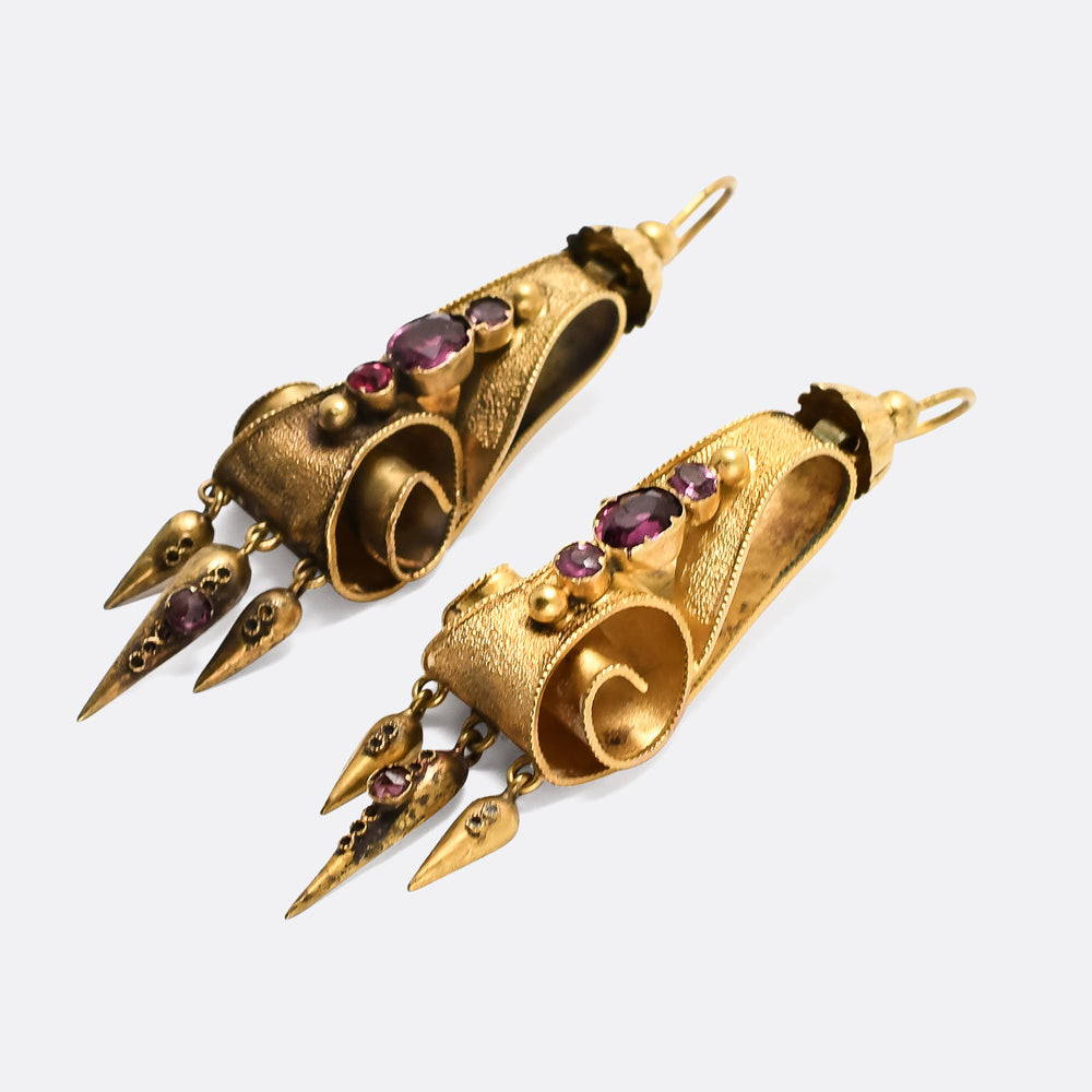 Mid Victorian Almandine Garnet Gold Scroll Earrings