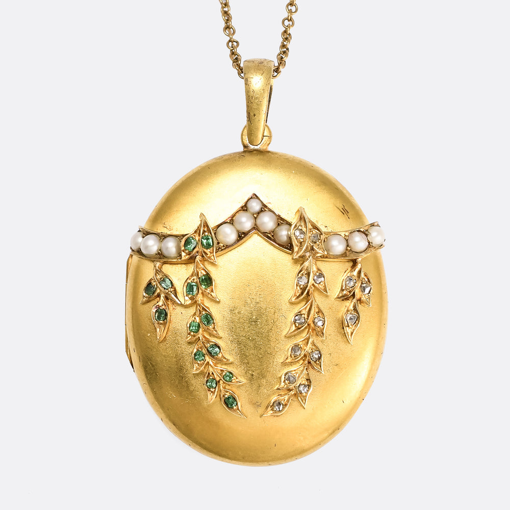 Mid Victorian Diamond, Emerald & Pearl Laurel Locket