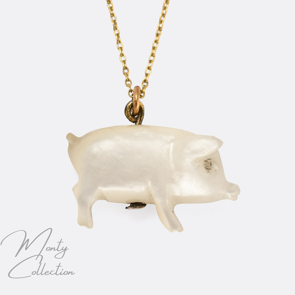 Mid Victorian Mother Of Pearl Lucky Pig Pendant