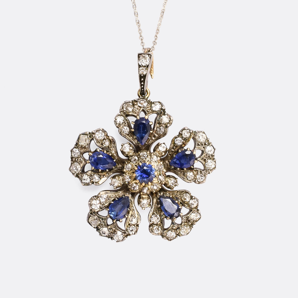 Victorian Sapphire & Diamond Flower Pendant