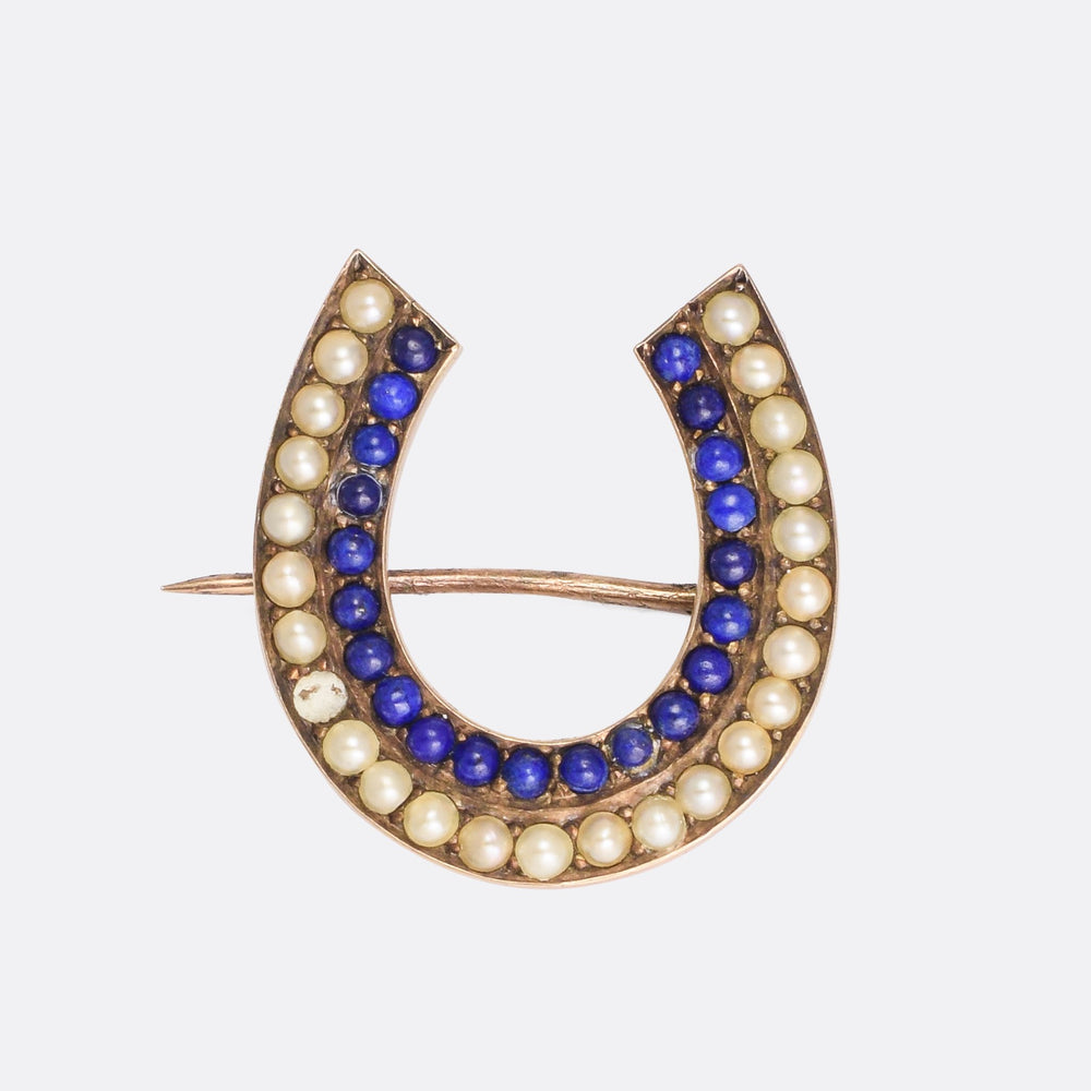 Victorian Pearl & Lapis Lazuli Lucky Horseshoe Brooch