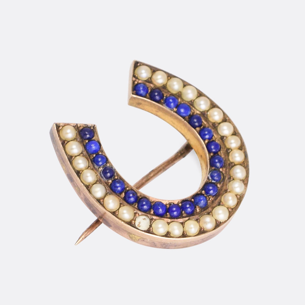 Victorian Pearl & Lapis Lazuli Lucky Horseshoe Brooch