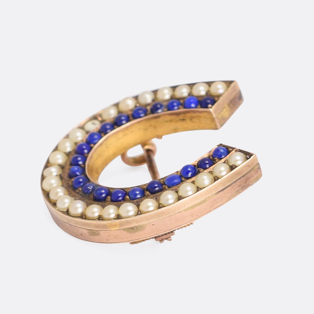 Victorian Pearl & Lapis Lazuli Lucky Horseshoe Brooch