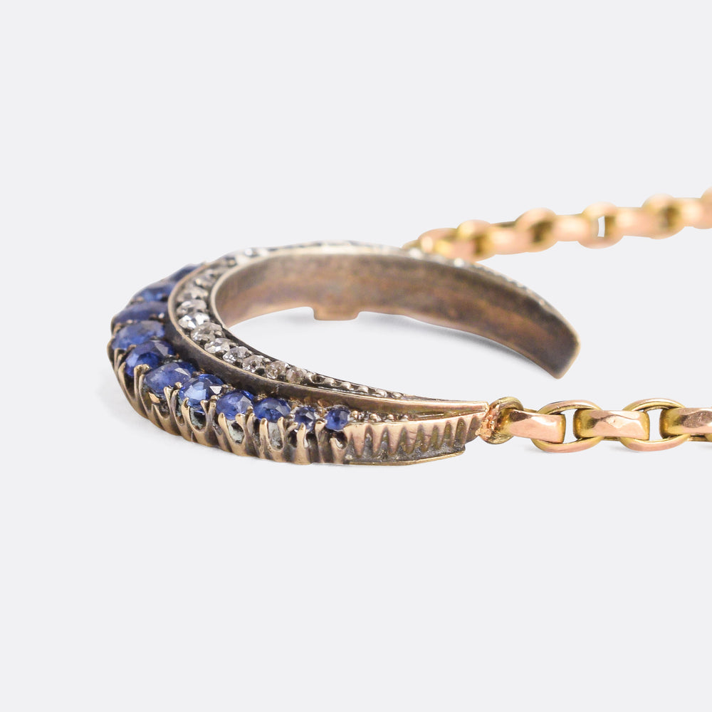 Victorian Sapphire & Diamond Crescent Moon Necklace