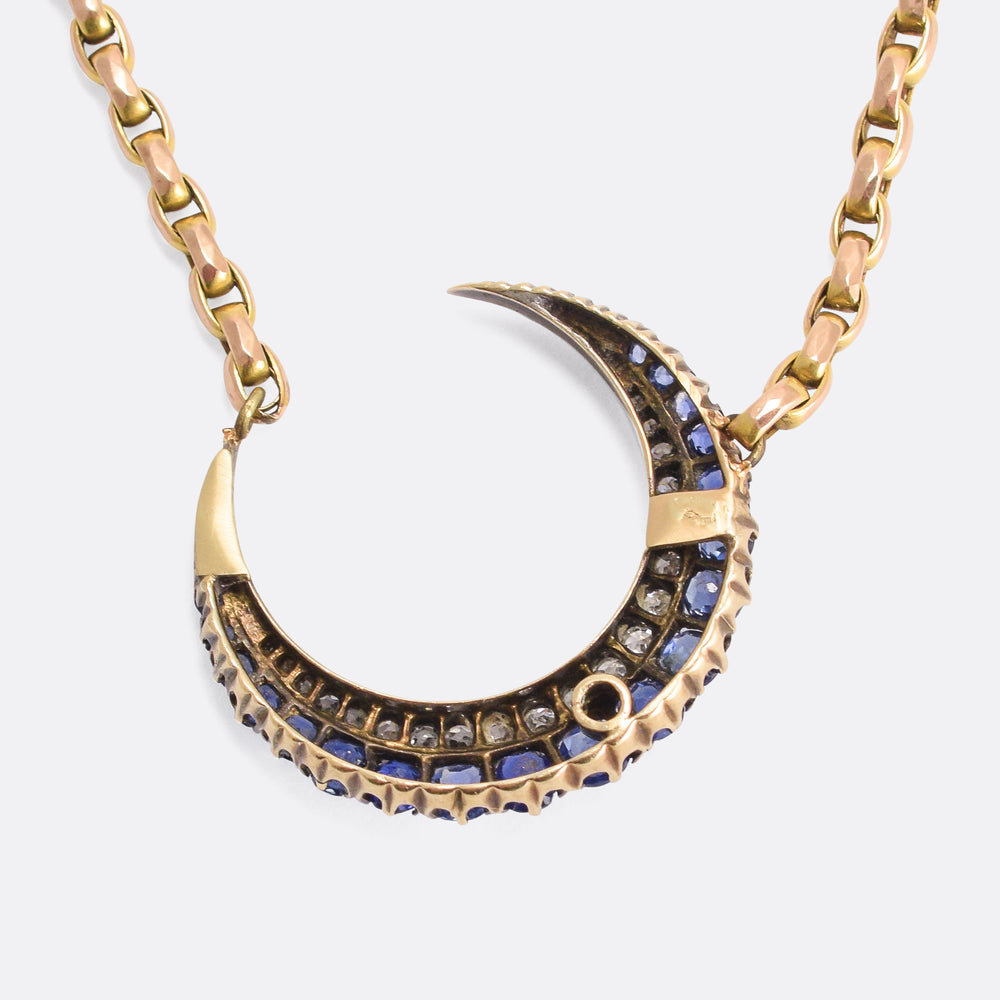 Victorian Sapphire & Diamond Crescent Moon Necklace