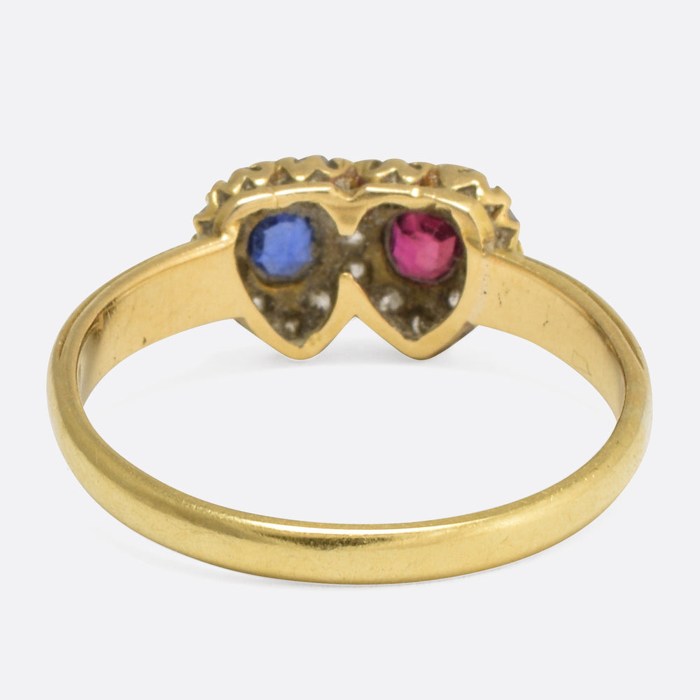 Victorian Sapphire & Ruby Double Heart Ring